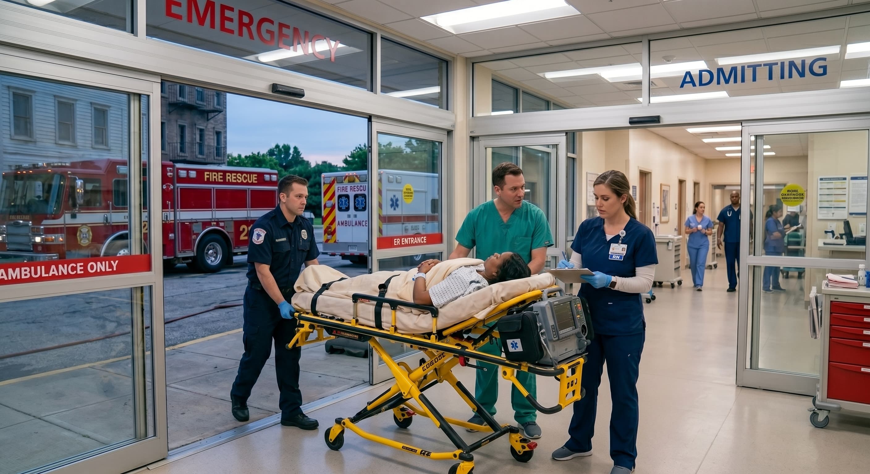 EMS team rolling a patient into the emergency department