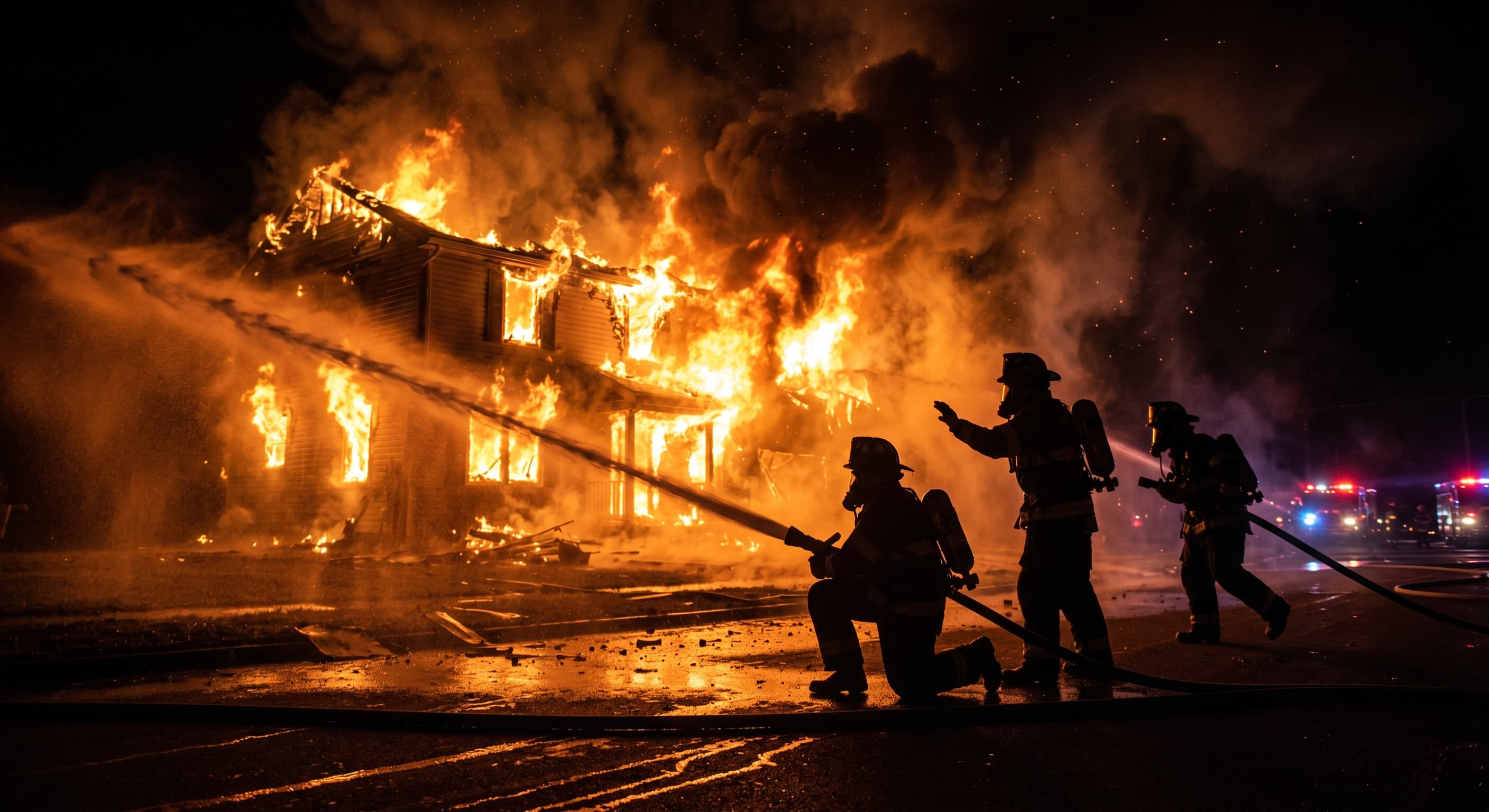 Firefighters working a structure fire at night