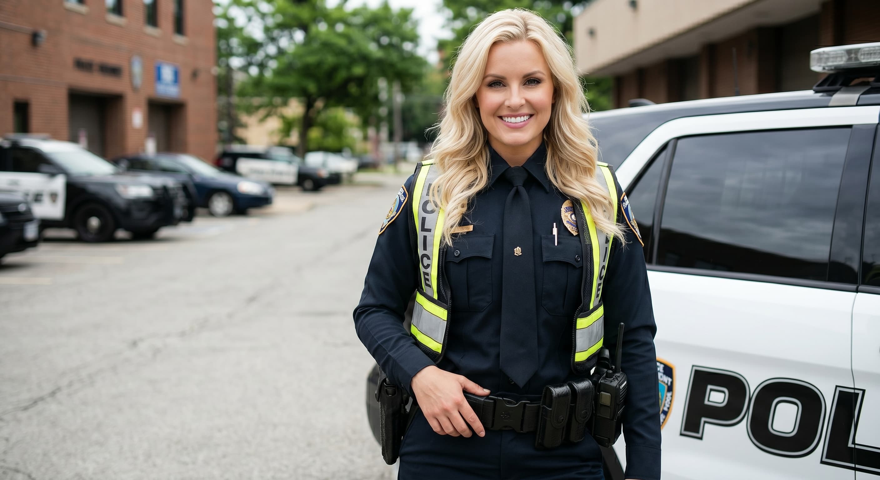 Smiling police officer in a reflective safety vest standing next to a patrol car