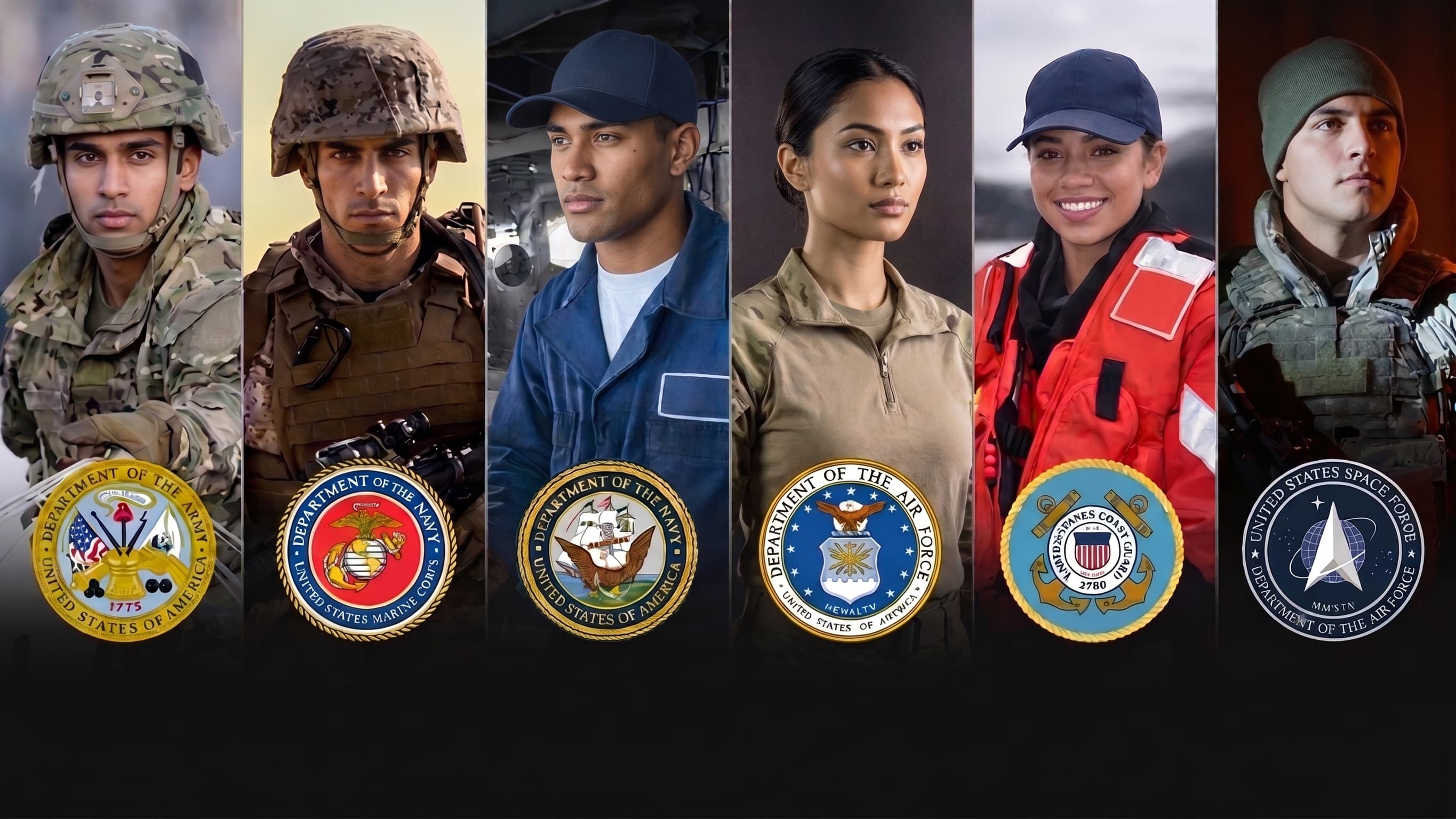 Service members from all six U.S. armed forces branches — Army, Marine Corps, Navy, Air Force, Coast Guard, and Space Force — with their department seals